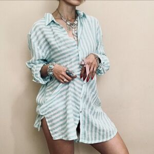 Tahari striped Linen Longwear shirt Tunic Dress Boho Relaxed Fit Loungewear M